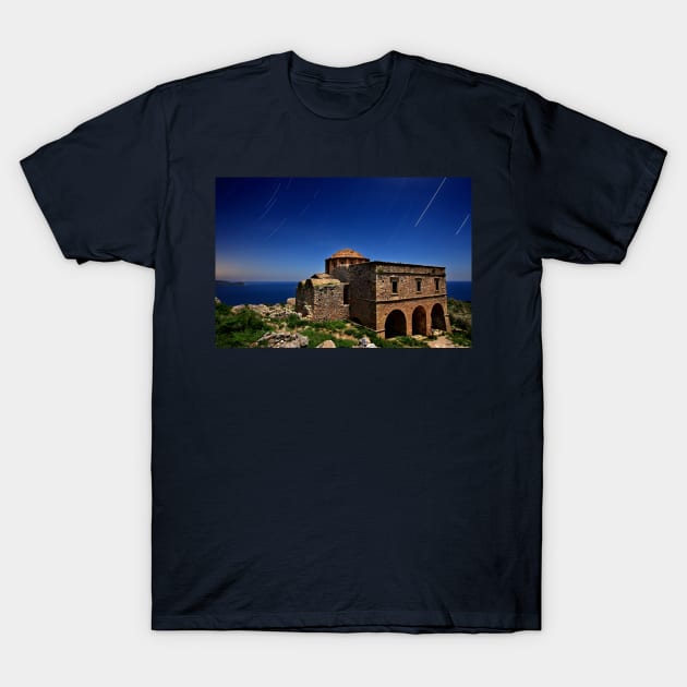 Startrails over Hagia Sophia - Monemvasia T-Shirt by Cretense72